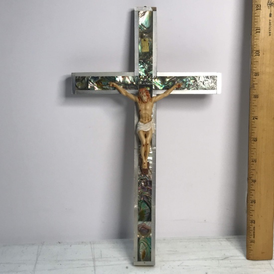 Vintage Olive Wood Crucifix with Abalone Inlay & Molded Resin Christ Figure Made in Bethlehem