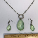 Green Drop Pedant on Silver Tone Chain with Matching Pierced Earrings