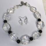 Funky Clear Beaded Necklace with Black Glass Accent & Matching Earrings