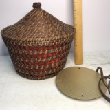 Retro Wicker & Wood Covered Bread Basket with Removable Liner & Electric Warmer