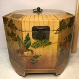 Large Wooden Footed Octagonal Storage Box with Black Velvet Lining & Bird Design