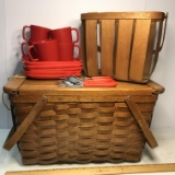 Nice Split Oak Picnic Basket with Sliding Wooden Top & Plastic Utensils