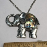 Silver Tone Large Elephant Pendant with Abalone Inlay on 30” Chain