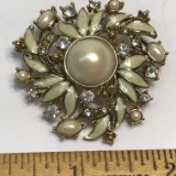 Pretty Monet Enamel Gold Tone Brooch with Faux Pearl & Clear Stones