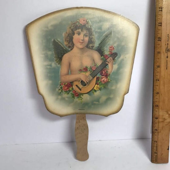 Vintage Angel Hand Fan with Mandolins Advertisement on Back