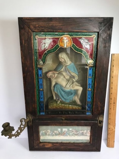 Antique Wooden Viaticum Last Rites Pieta Shadow Box with One Candle Holder