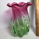 Pretty Pink & Green Glass Vase with Swirled Edge by Teleflora