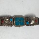 Vintage Native Watch with Sterling Silver Sides & Turquoise & Coral Stones