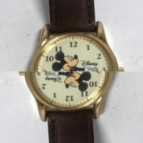 Gold Tone Mickey Mouse Watch with Brown Leather Band