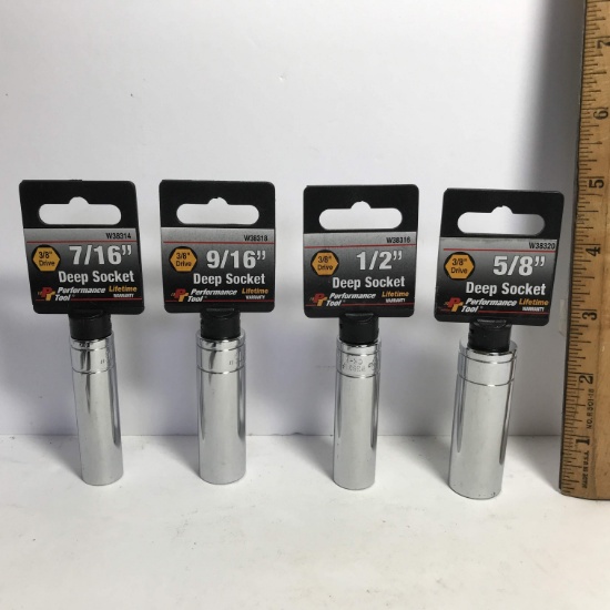 Lot of 4 - 3/8” Drive Deep Sockets - 7/16”, 9/16”, 1/2”, 5/8”