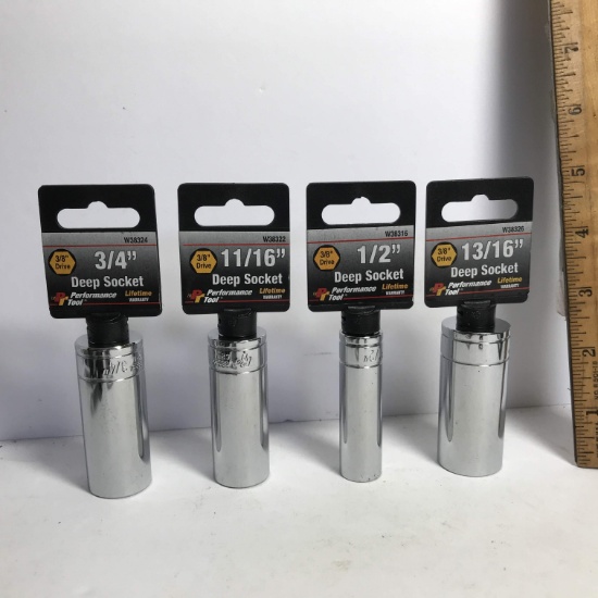 Lot of 4- 3/8” Drive Deep Sockets - 3/4”, 11/16”, 1/2”, 13/16”