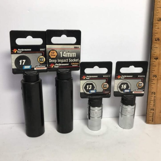Lot of 4 - 1/2” Drive Sockets - 17mm, 14mm Deep Impact Socket, 13mm, 16mm