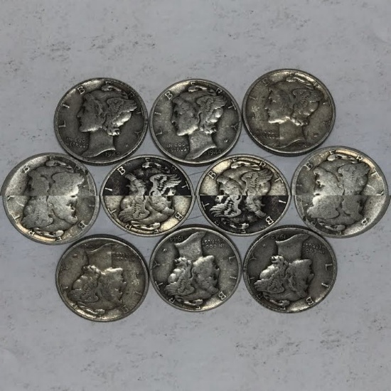 Lot of 10 - 1923-1944 Mercury Silver Dimes