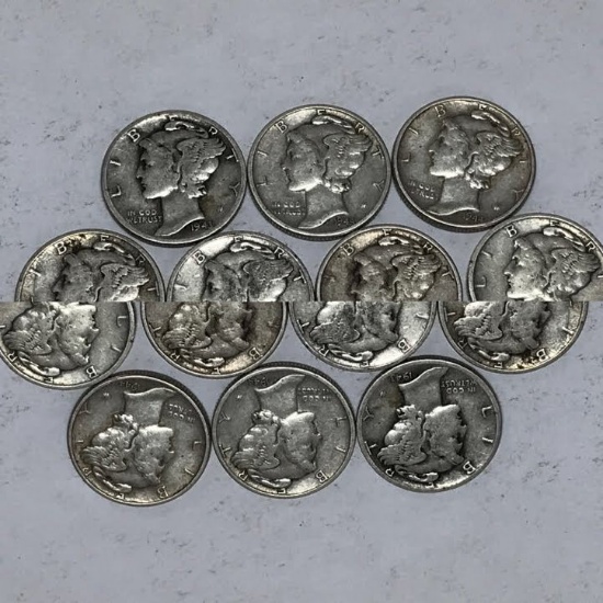 Lot of 10. 1940-1944 Mercury Silver Dimes