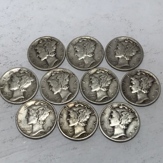 Lot of 10 1941-1944 Mercury Silver Dimes