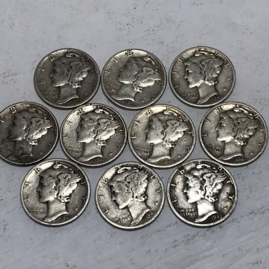 Lot of 10 - 1942-1945 Mercury Silver Dimes