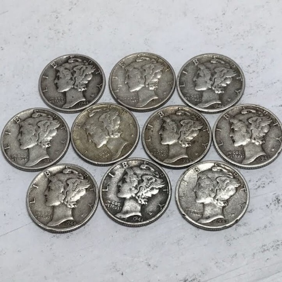 Lot of 10 - 1941-1945 Mercury Silver Dimes