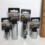 Lot of 4 - 1/2” Drive Sockets - 3/8” Adapter, 3/4” Deep Socket, Universal Joint, 15/16”