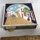 Vintage Tile Top Cigarette Station with Matchstick Drawer & Cigarette Drawer