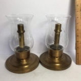 Pair of Vintage Brass Finish Candlesticks with Etch Glass Globes