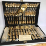 Large Set of Vintage Gold Plated Wm Rogers & Sons Flatware in Case