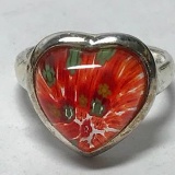 Sterling Silver Heart Ring with Speckled Red Stone Size 6