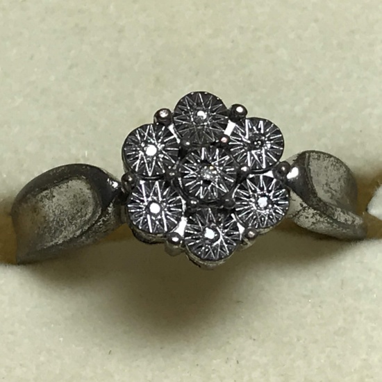 Sterling Silver Flower Ring with Diamond Chip Petals Size 7