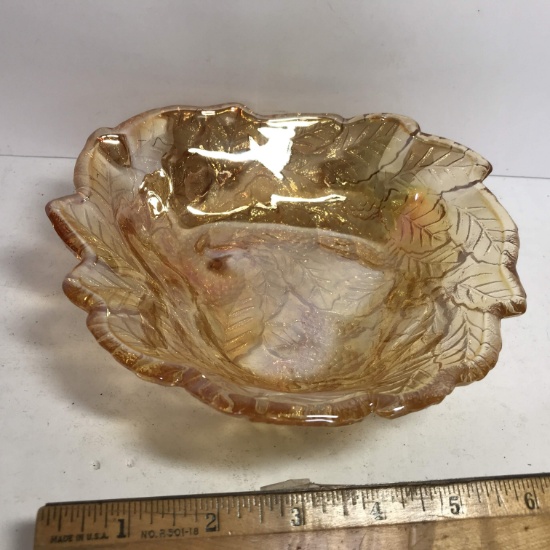 Vintage Triangular Carnival Glass Bowl with Embossed Leaf Design