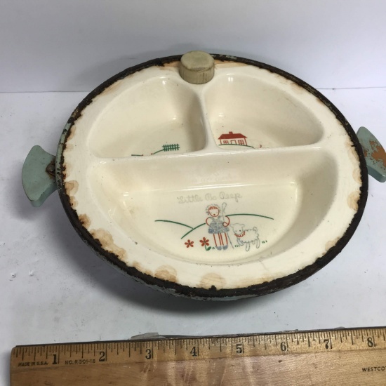 Antique Porcelain Divided Baby Dish with Enamel Base