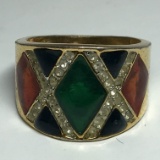 Gold Tone Chunky Ring with Multi-Colored Inlay & Clear Stones Size 8