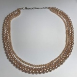 Gorgeous Pink Triple Strand Pearl Necklace with Sterling Clasp