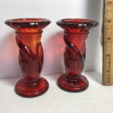 Pair of Vintage Ruby Red Glass Candlesticks with Hands