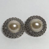 Sterling Silver Clip-on Earrings with Faux Pearls & Tiny Marcasite Stones