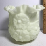 Pretty Vintage Ruffled Top Custard Glass Vase with Floral Embossed Design