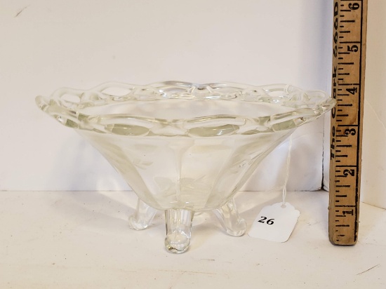 Footed Glass Bowl w/Open Lace Edge & Etched Floral Design