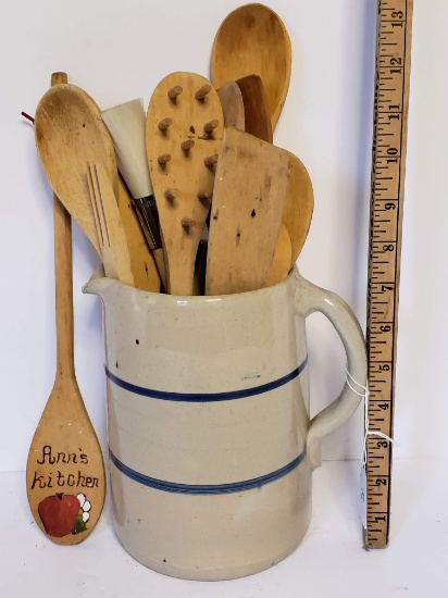 Blue Banded Pottery Pitcher w/Wooden Utensils