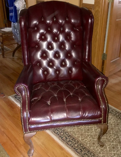 Vintage Wingback Chair with Tufted Back, Brass Brads & Queen Anne Legs