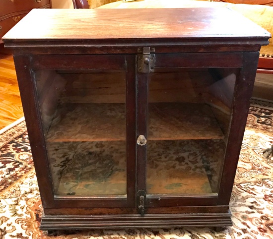 Amazing Antique Wooden Hand Crafted Table Top Display Cabinet on Casters with Glass Knob