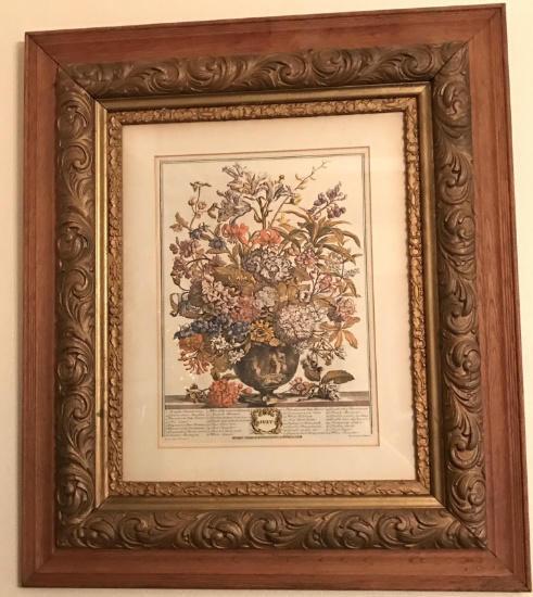 Vintage “July” 1730 Print in Gorgeous Wooden Frame with Carved Interior