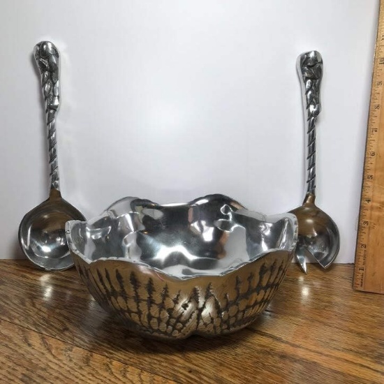 Vintage Heavy Pewter Salad Bowl with 2 Utensils