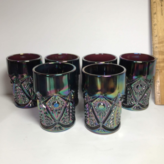 Gorgeous L.E. Smith Valtec Tree Star Amethyst Carnival Glass Set of 6 Tumblers