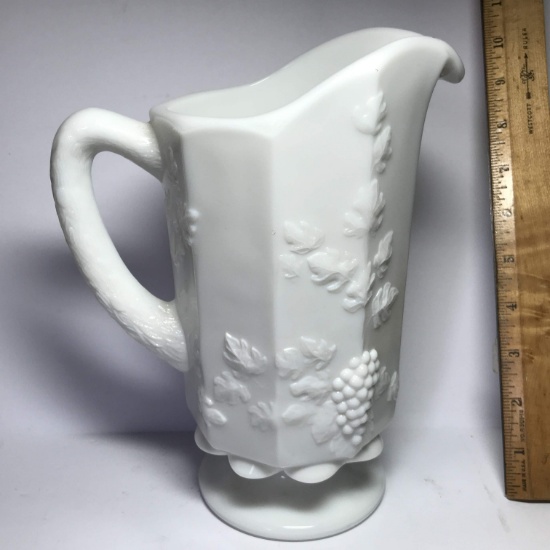 Gorgeous Vintage Heavy Milk Glass Pitcher by Westmoreland with Embossed Grape & Leaf Design