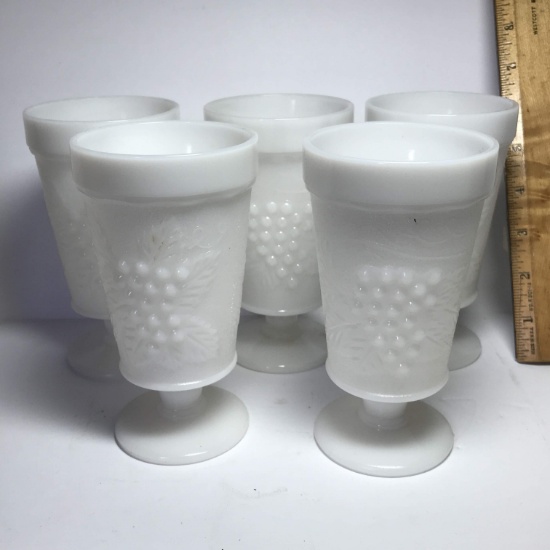Set of 5 Vintage Milk Glass Tumblers with Embossed Grape Design