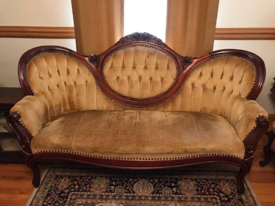 Antique Victorian Carved Cameo Back Tufted Sofa w/Carved Rose Design & Brass Brads Accent