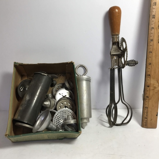 Vintage Hand Beater with Wooden Handle & Decorating Set