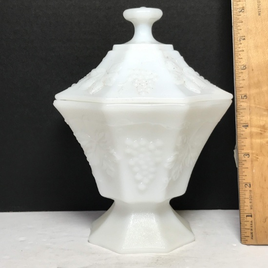 Vintage Lidded Milk Glass Pedestal Dish with Embossed Grape Design