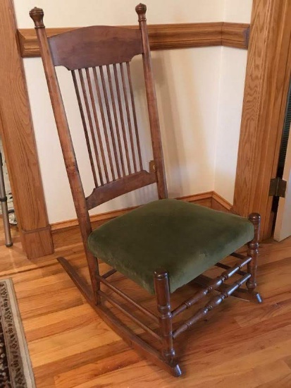 Vintage Wooden Spindle Back Rocker with Green Velvet Seat