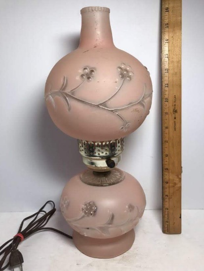 Pretty Vintage Pink Frosted Glass Lamp with Embossed Floral Design