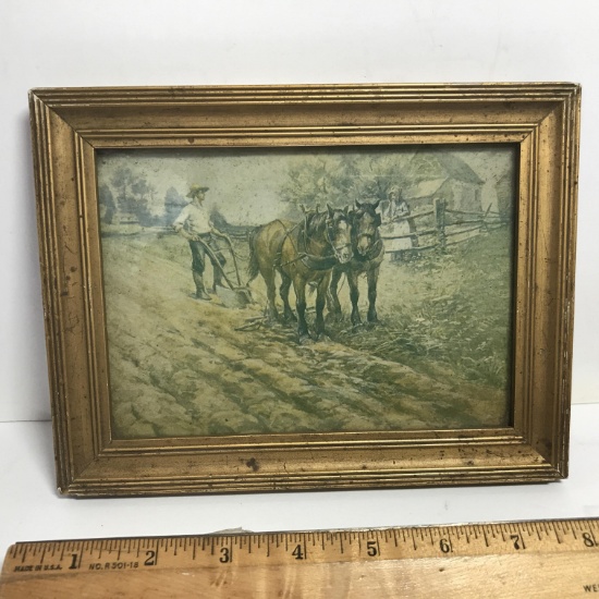 Vintage Small Horses Plowing Field Print with Gilt Frame