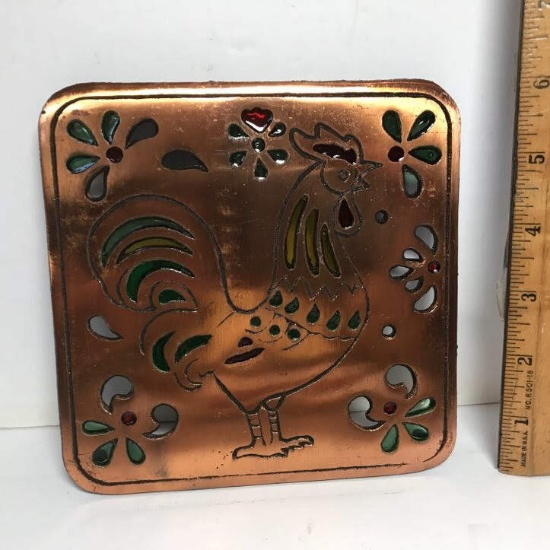 Copper Tone Rooster Trivet in Box
